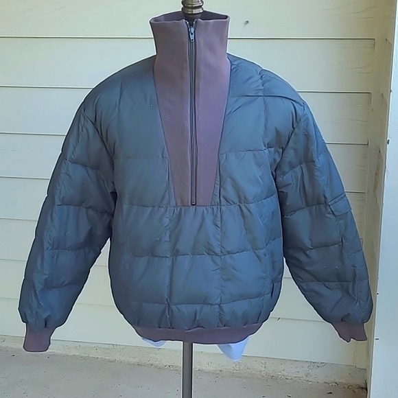 EDDIE BAUER Goose Down Puffer Grey Nylon USA Sz XL Half Zip Pullover Jacket RARE